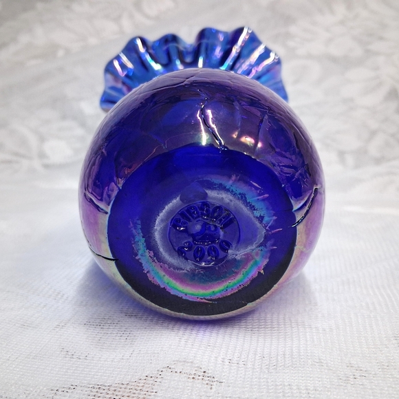 Vintage Gibson Glass Vase Iridescent Blue Ruffle Top Carnival Crackle Finish 6.5 - Picture 10 of 17